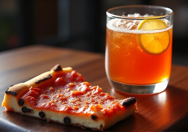 Artisan pizza next to a refreshing glass of craft botanical soda