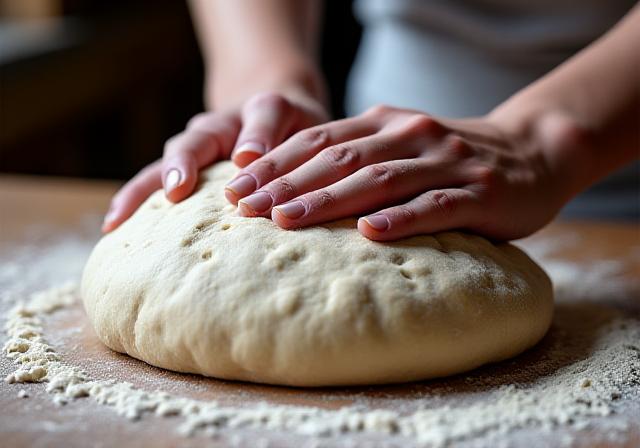 Hands kneading artisan sourdough pizza dough
