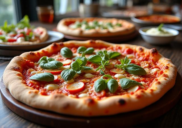 Large spread of gourmet pizzas on a rustic wooden table for a corporate event