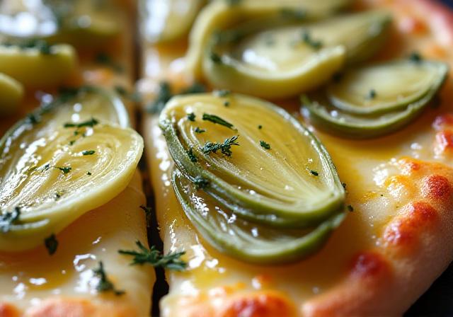 Close up of marinated artichoke hearts on a pizza