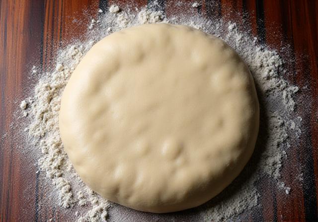 Artisan pizza dough base on a rustic wood table