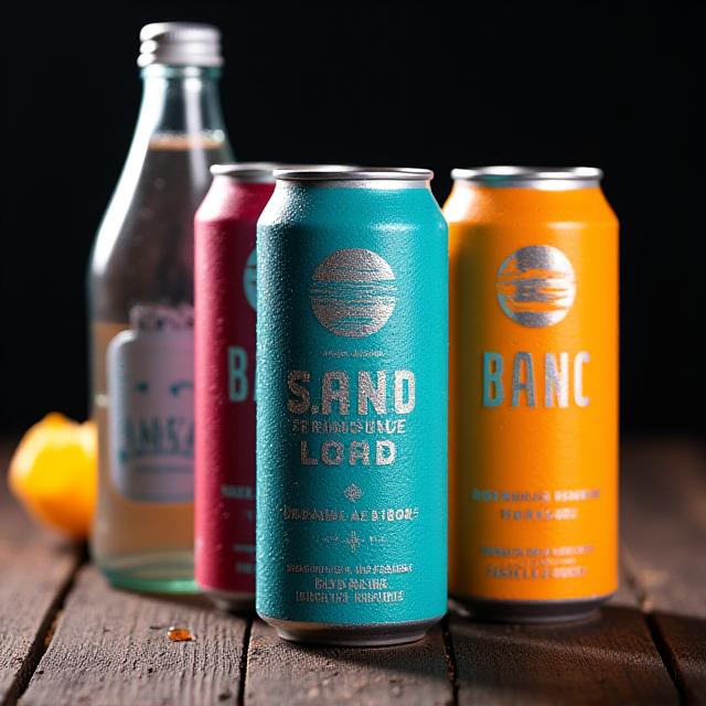 Artisan soda cans arranged on a rustic table