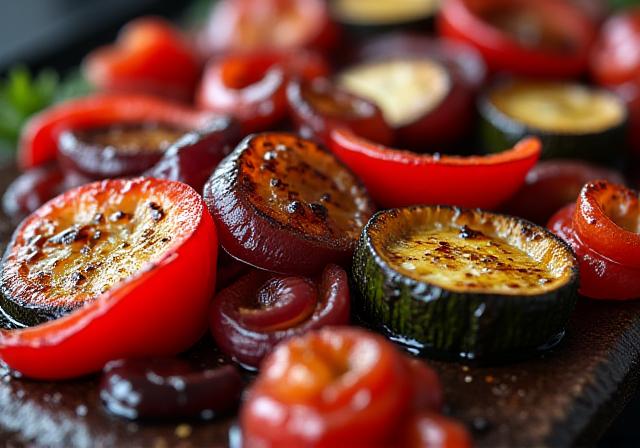 Roasted peppers, zucchini, and balsamic onions on pizza